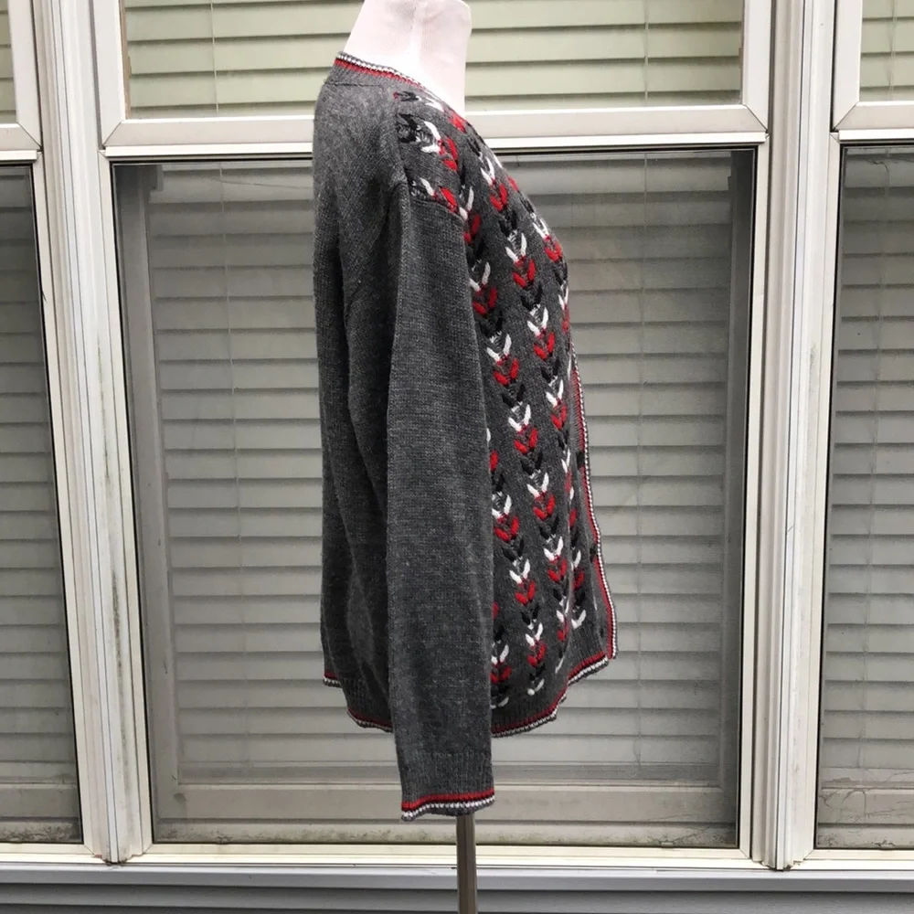 Amana Colonies Gray Red Black Grandma Chic Button Front Sweater size L/XL